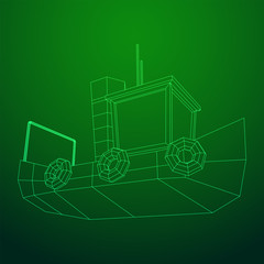 Fishing boat. Commercial fishing trawler for industrial seafood production. Vintage marine ship, sea or ocean transportation concept. Wireframe low poly mesh vector illustration