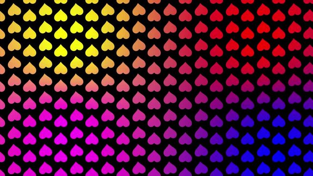 Isolated colorful rotating hearts background. Geometrical animation, ornaments. 