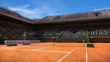 Empty clay tennis court with spectators 3d render - obrazy, fototapety, plakaty