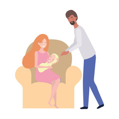 woman and man with newborn baby sitting on sofa