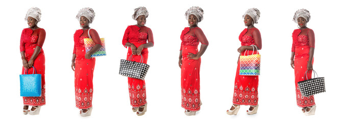 set of african woman in red taditional clothing with tote bags isolated