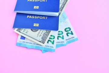 id passport with dollars and euro cash on neutral background, selective focus. Tourist trip concept with identity document, money and wooden airplane. Documents for a foreign business trip. Vacation 