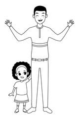 Single father with little daughter cartoon in black and white
