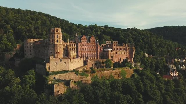 Aerial view of historic castle Heidelberg at sunset Germany in 4k