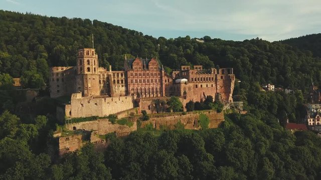 Aerial view of historic castle Heidelberg at sunset Germany in 4k