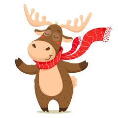 A cute Christmas deer with a scarf. Vector isolate on white background.