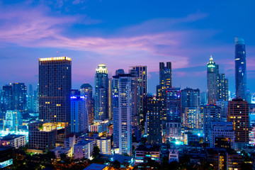 Bangkok city-scape skyscraper night view twilight while sunset in business and downtown residential area "Sukhumvit"