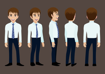 Cartoon character with business man in suit for animation. Front, side, back, 3-4 view character. Set of male head and flat vector illustration.