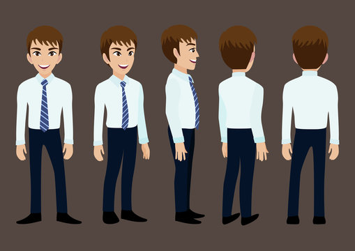 Cartoon character with business man in suit for animation. Front, side, back, 3-4 view character. Set of male head and flat vector illustration.