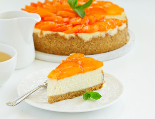 Cheesecake with peaches .. Selective focus.