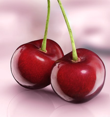 Two cherries on a rose background