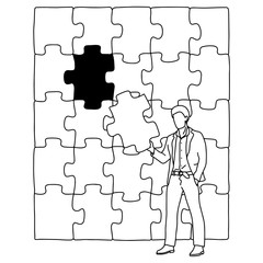 businessman holding a piece of jigsaw puzzle vector illustration sketch doodle hand drawn with black lines isolated on white background