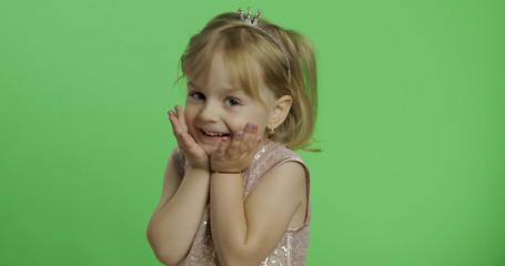 Girl in glossy dress. Happy four years old child. Chroma Key