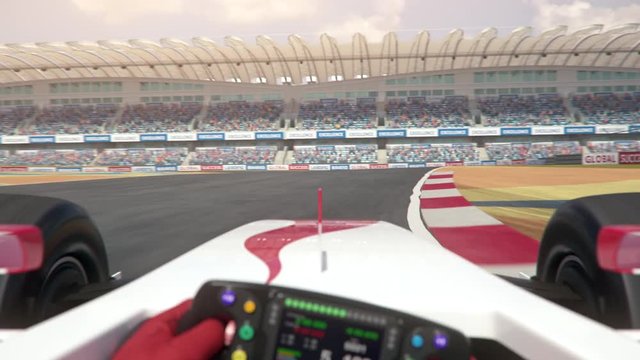 POV shot of a generic formula one race car driving along the race track - center view - realistic high quality 3d animation - my own car design - no copyright/trademark infringement