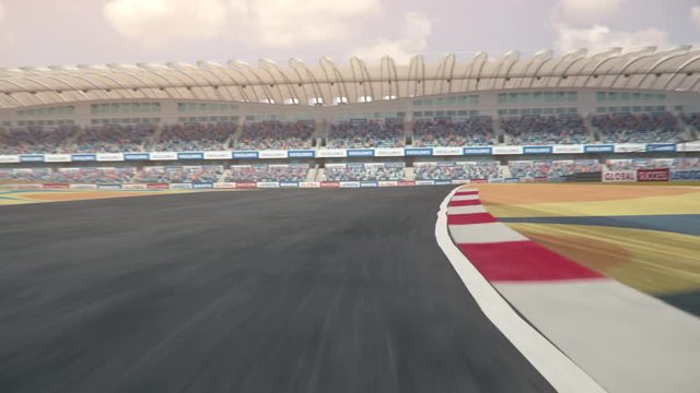 POV shot of a formula one race car driving along the race track - realistic high quality 3d animation - my own car design - no copyright/trademark infringement