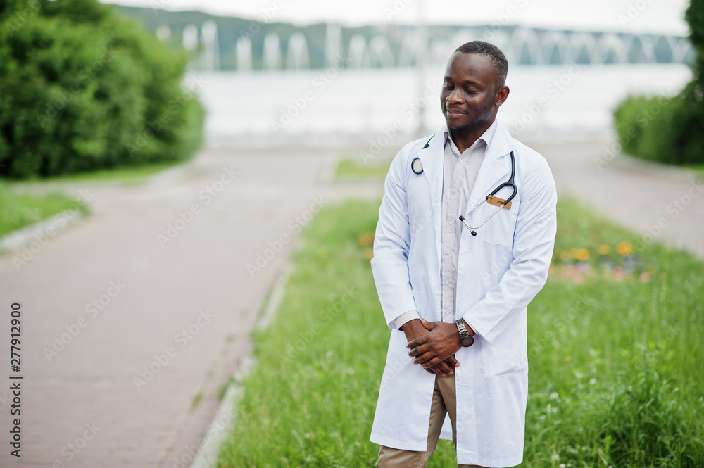 Canvas Prints Young african american male doctor in white coat with a stethoscope posed outdoor.