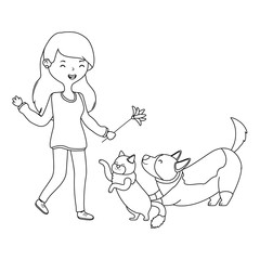 Girl with cat and dog cartoon design