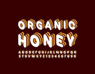 Vector trendy sign Organic Honey with 3D layered Font. Creative Uppercase Alphabet. Set of Letters and Numbers