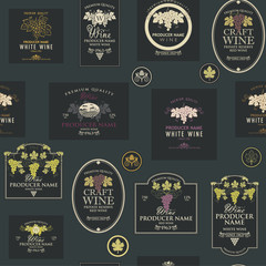 seamless pattern on the theme of wine with various wine labels with images of grapes, landscapes, winery and other in retro style
