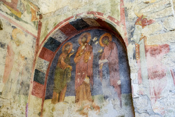 The building of Church of St. Nicholas in Turkey, Demre. Walls, columns and frescoes on the wall of the temple.
