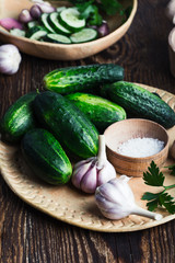 Bowl of freshly picked organic cucumbers and garlic, fresh vegetables salad