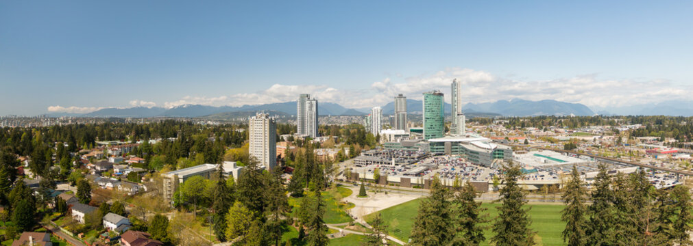 Panoramic view of Surrey Central Mall during a sunny day. Taken in Greater Vancouver, British Columbia, Canada.