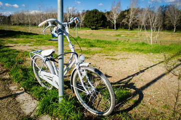 Una vecchia bicicletta dipinta di bianco e abbandonata legata a un palo © Andrea Vismara