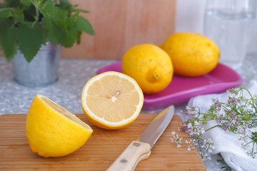 Sliced lemon on a cutting board