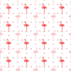 Seamless dotted wallpaper with flamingos. Cartoon birds. Print for polygraphy, shirts and textiles. Abstract texture. Pattern for design. Colorful illustration
