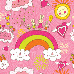 Cheerful rabbits walk over the rainbow. Seamless pattern can be used for wallpaper, pattern fills, web page background, postcards.