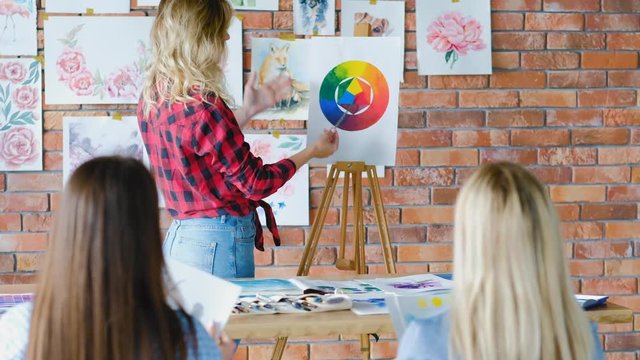 Art classes education. Teacher explaining color wheel to students