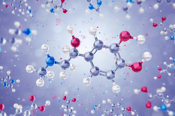 Molecule Of Adrenaline. 3D model of an epinephrine neurotransmitter represented in form of a schematic molecular structure levitating among of other organic substances. 3D rendering graphics. © Sergey Tarasov