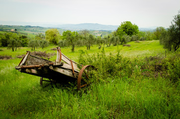 Un vecchio carro di legno abbandonato nella campagna toscana