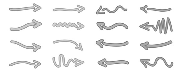 Infographic elements on isolated white background. Hand drawn simple arrows. Line art. Set of different pointers. Abstract indicators. Black and white illustration. Doodles for artwork