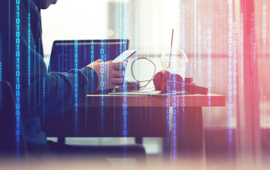 data ai deep learning, hacker and security, businessman with social network smartphone for connect to internet technology with town city background