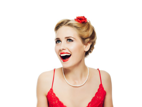 beautiful blonde girl pin-up style joyfully smiling looks up