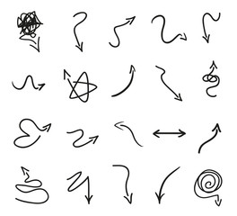 Infographic elements on isolated white background. Hand drawn simple arrows. Set of different pointers. Abstract indicators. Black and white illustration. Doodles for artwork