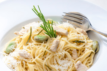 still life of pasta with chicken meat