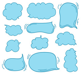 Fototapeta premium Set of hand drawn colored think and talk speech bubbles on white. Abstract clouds on isolation background. Sketchy doodles