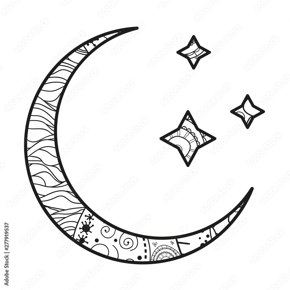 Wall mural crescent moon with stars with abstract patterns on isolation background. design for spiritual relaxa
