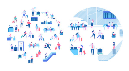 People sitting and walking in airport terminal. Infographics elements, banner or poster design arranged in circle shape. Business travel concept, travelling, vactaion. Flat vector illustration.