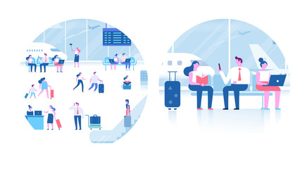 Fototapeta na wymiar People sitting and walking in airport terminal. Infographics elements, banner or poster design arranged in circle shape. Business travel concept, travelling, vactaion. Flat vector illustration.