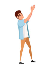Man wearing casual clothes with upraised hands claps cartoon character design flat vector illustration isolated on white background