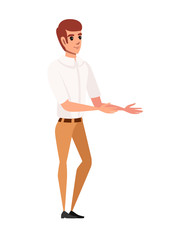 Fototapeta premium Happy man in casual clothes with up raised arms hands pointing cartoon character design flat vector illustration isolated on white background