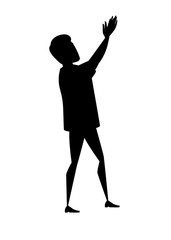 Black silhouette man wearing casual clothes with upraised hands claps cartoon character design flat vector illustration isolated on white background