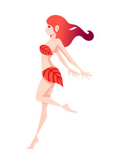Beautiful fashion woman walking and jumping with red abstract hair and wearing red leaves cartoon character design flat vector illustration