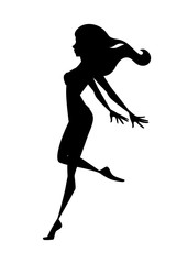 Fototapeta na wymiar Black silhouette beautiful fashion woman walking and jumping cartoon character design flat vector illustration