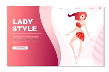 Beautiful fashion woman standing on one leg with red abstract hair and wearing red leaves cartoon character design flat vector illustration website page design