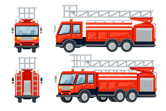 Cartoon design fire truck cars set flat vector illustration isolated on white background