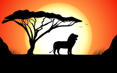 Vector illustration African nature with wild lion